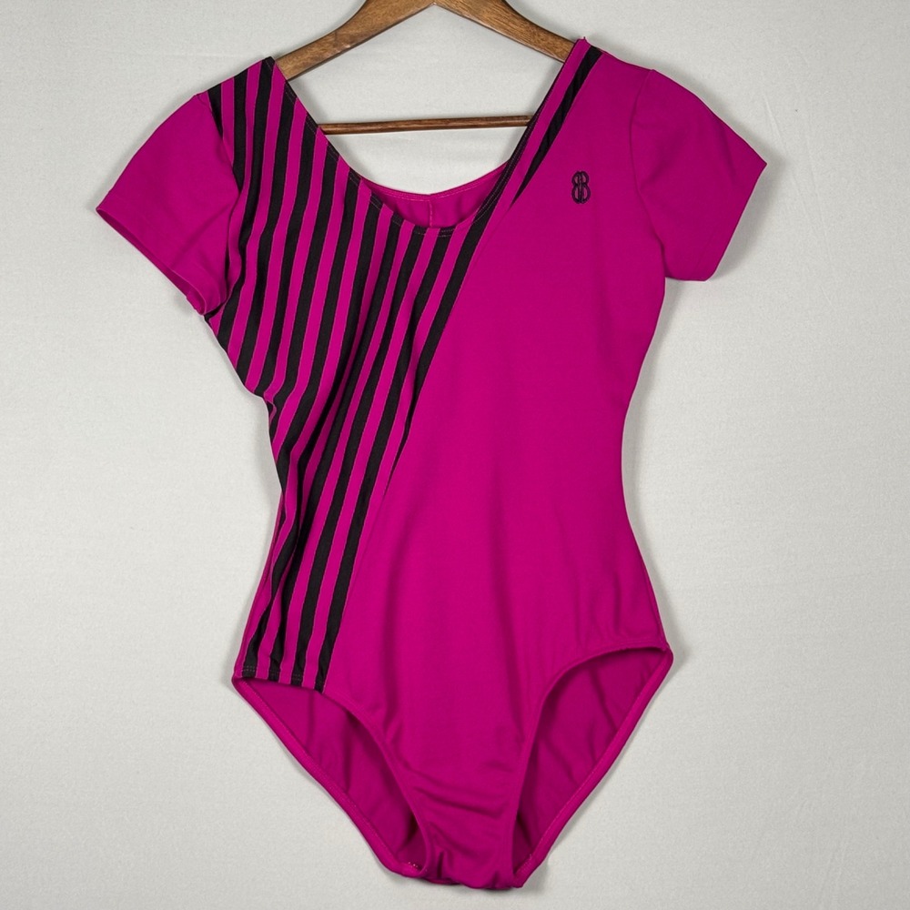 Vintage Leotard Women Large Fuchsia Pink Black Striped Bodysuit 80s 90s USA